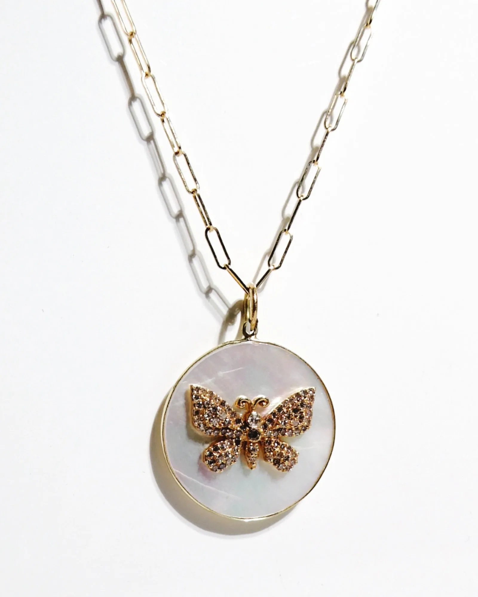 14K Gold Diamond pave Butterfly on Mother of Pearl Paperclip Necklace