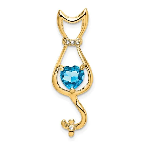 14k White Gold Gemstone Heart And Diamond Cat Pendants