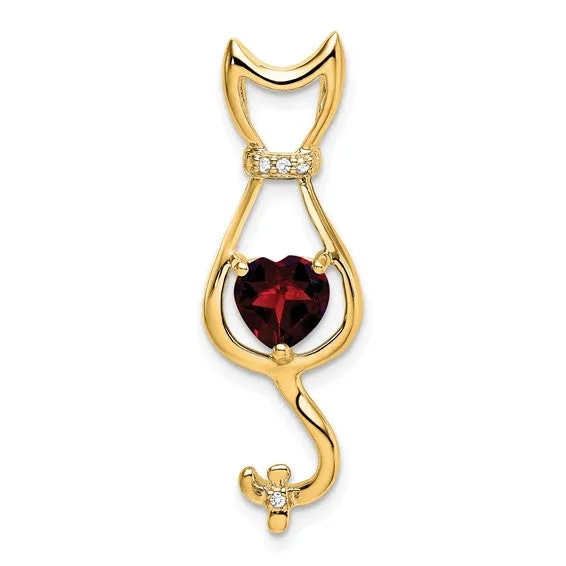 14k White Gold Gemstone Heart And Diamond Cat Pendants