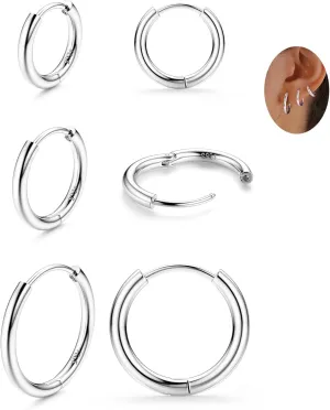 3 Pairs 925 Sterling Silver Hoop Earrings for Women Men Lightweight Small Helix Cartilage Hinged Hoop Earrings 18K White Gold Plated Huggie Hoop Earrings Set 6mm 8mm 10mm 12mm