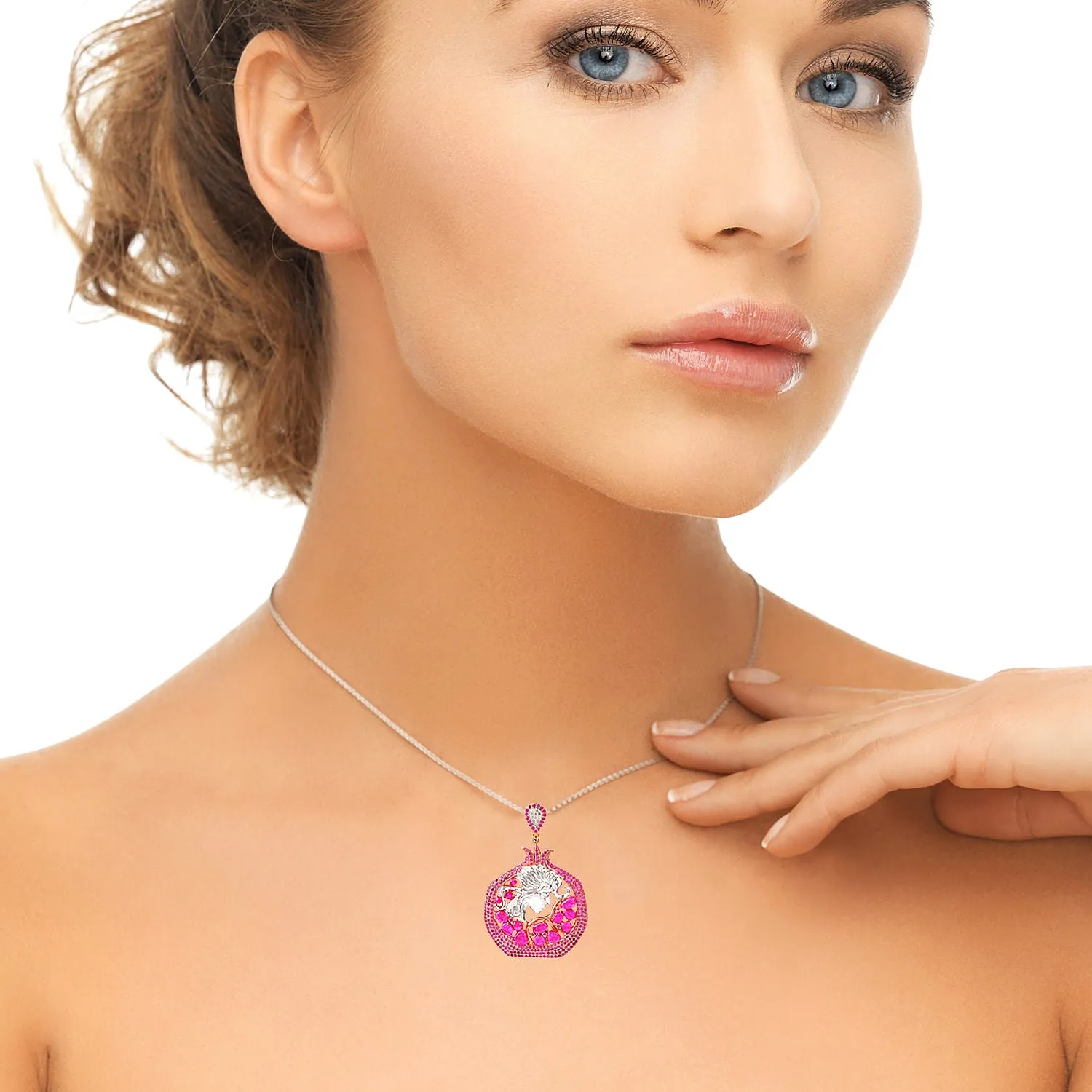 Art  Nouveau Slice Oval Ruby Pave Diamond Pomegranate Shape Pendant In Rose Gold 925 Silver