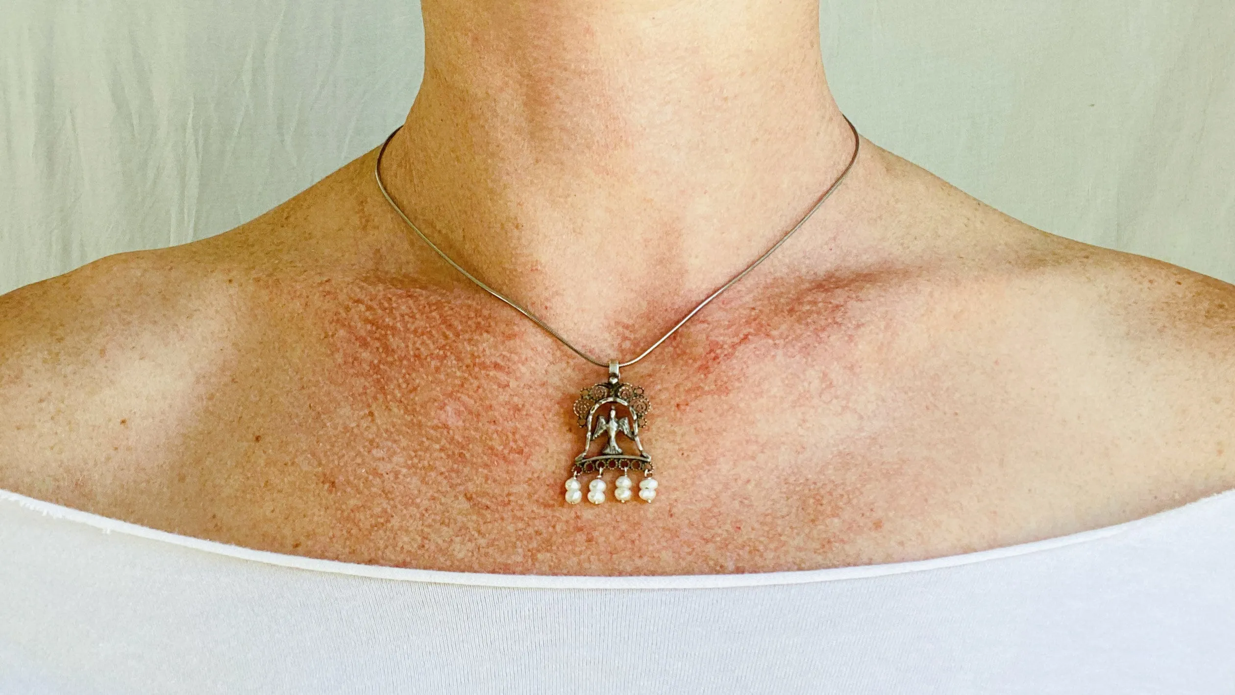 Bird Filigree and Pearls Pendants Necklace. Mexico. Sterling Silver.
