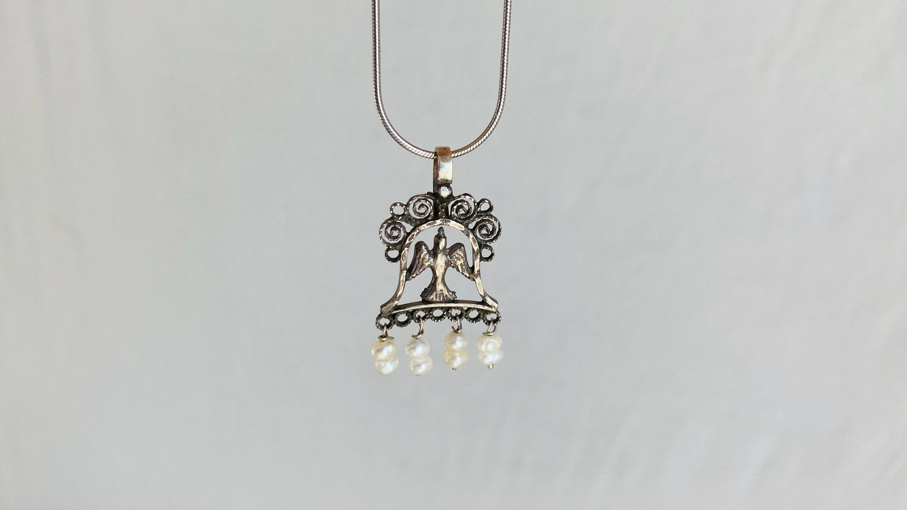 Bird Filigree and Pearls Pendants Necklace. Mexico. Sterling Silver.