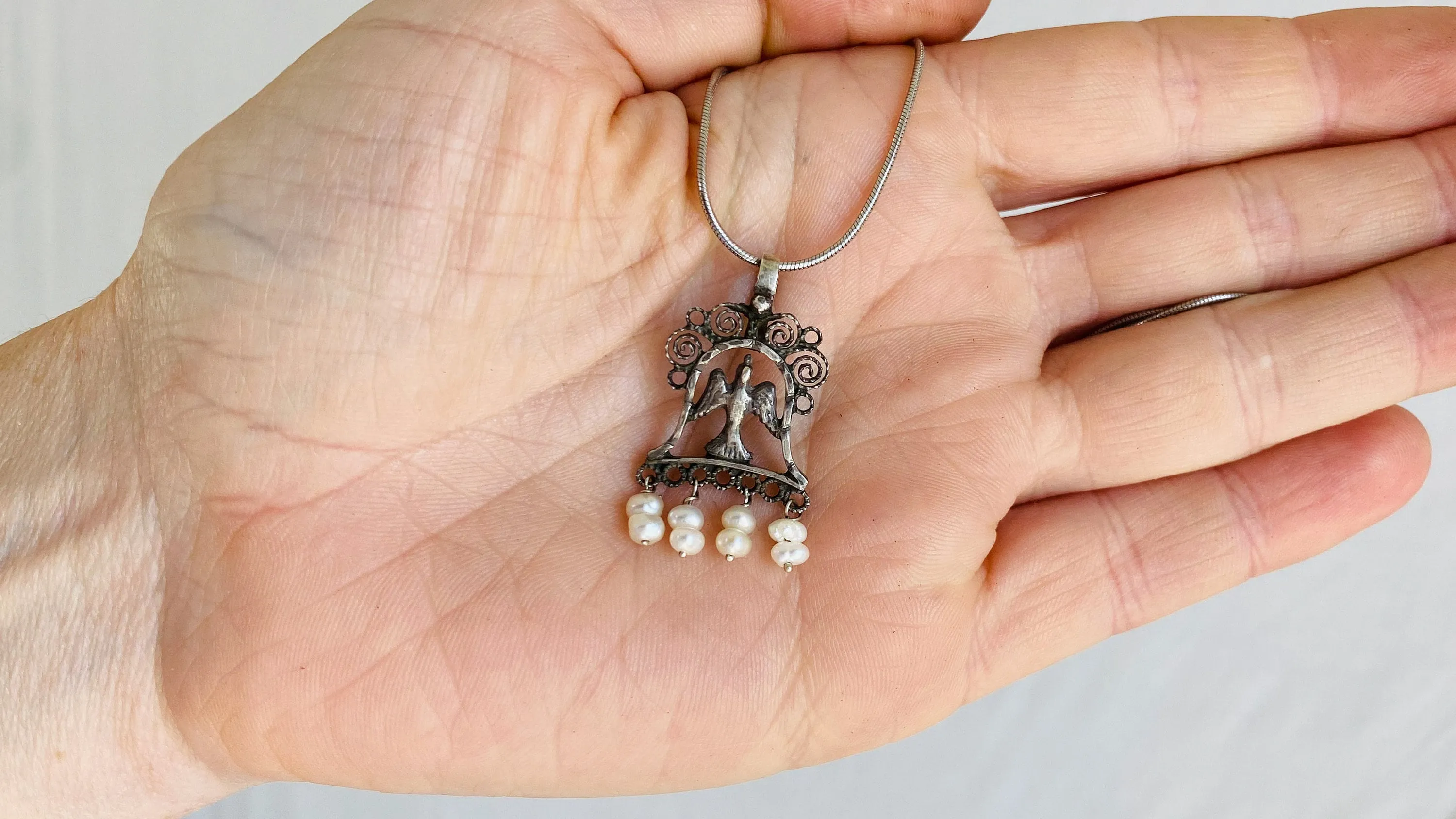 Bird Filigree and Pearls Pendants Necklace. Mexico. Sterling Silver.