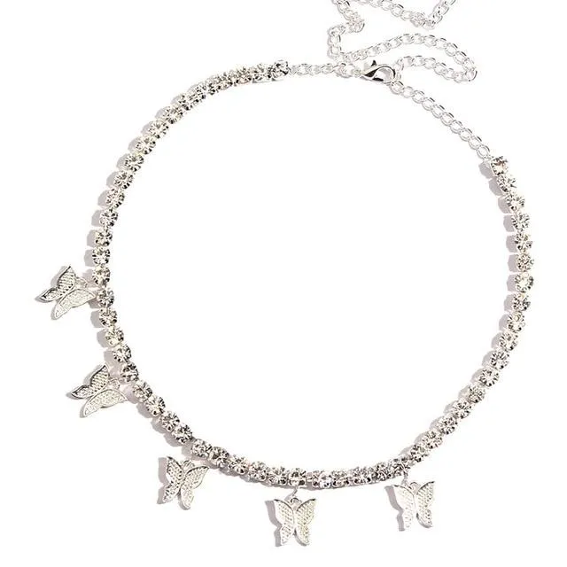 Butterfly Pendant Shiny Crystal Necklace Choker