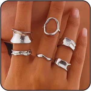 Chunky Gold & Silver Rings Set - Adjustable Thick Statement Rings for Women