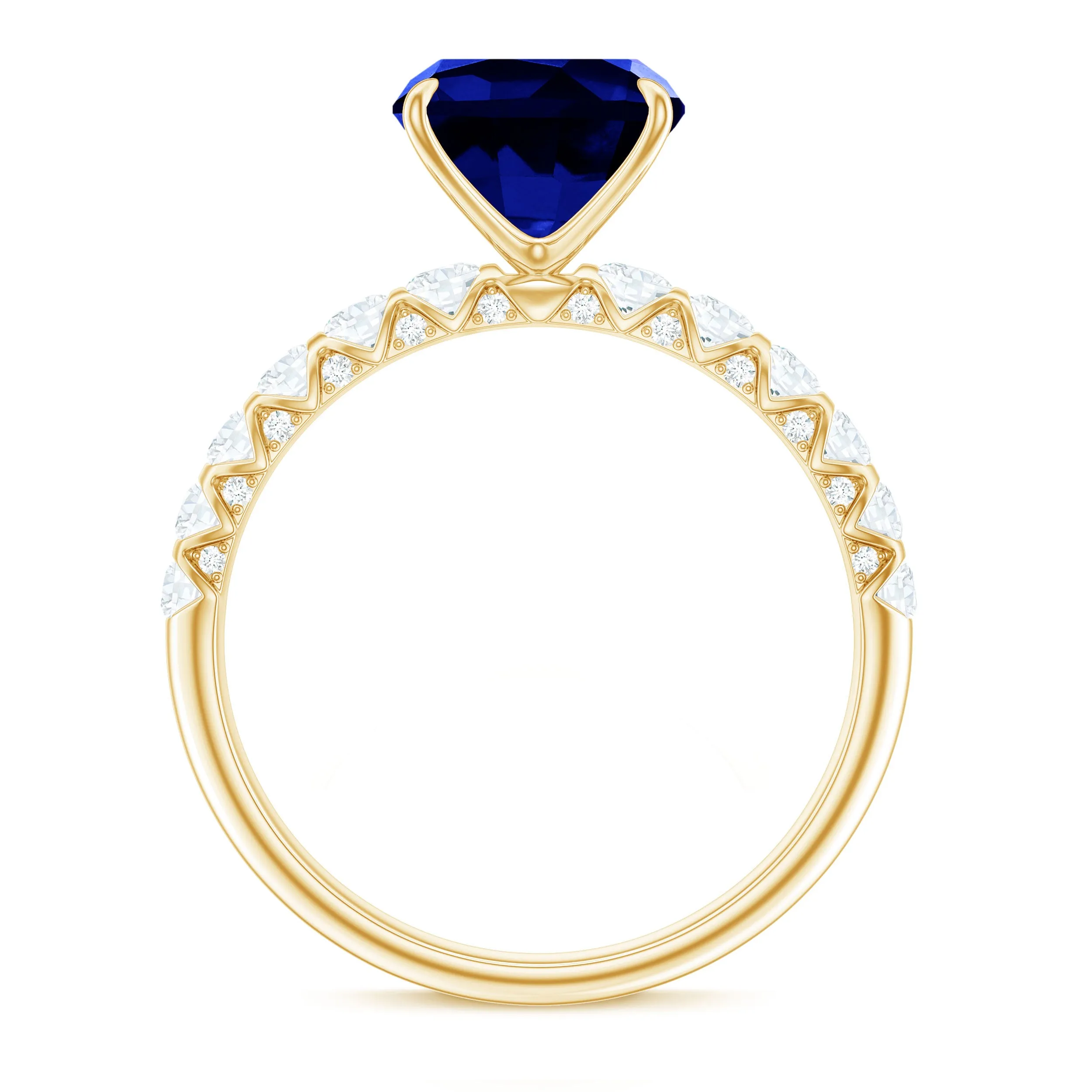 Cushion Cut Created Blue Sapphire Solitaire Ring with Diamond Side Stone