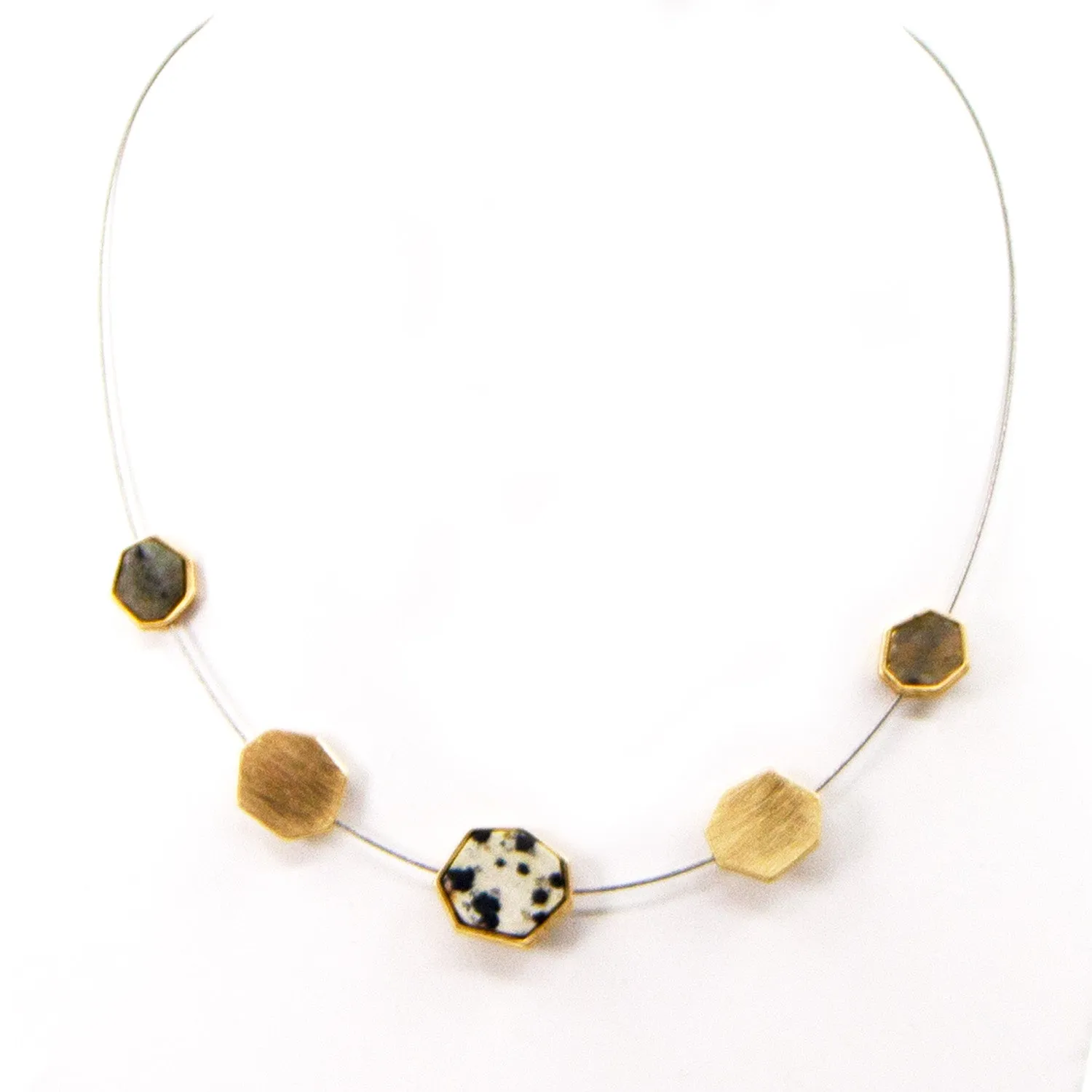 Geomentric semi precious pendants on short wire necklace
