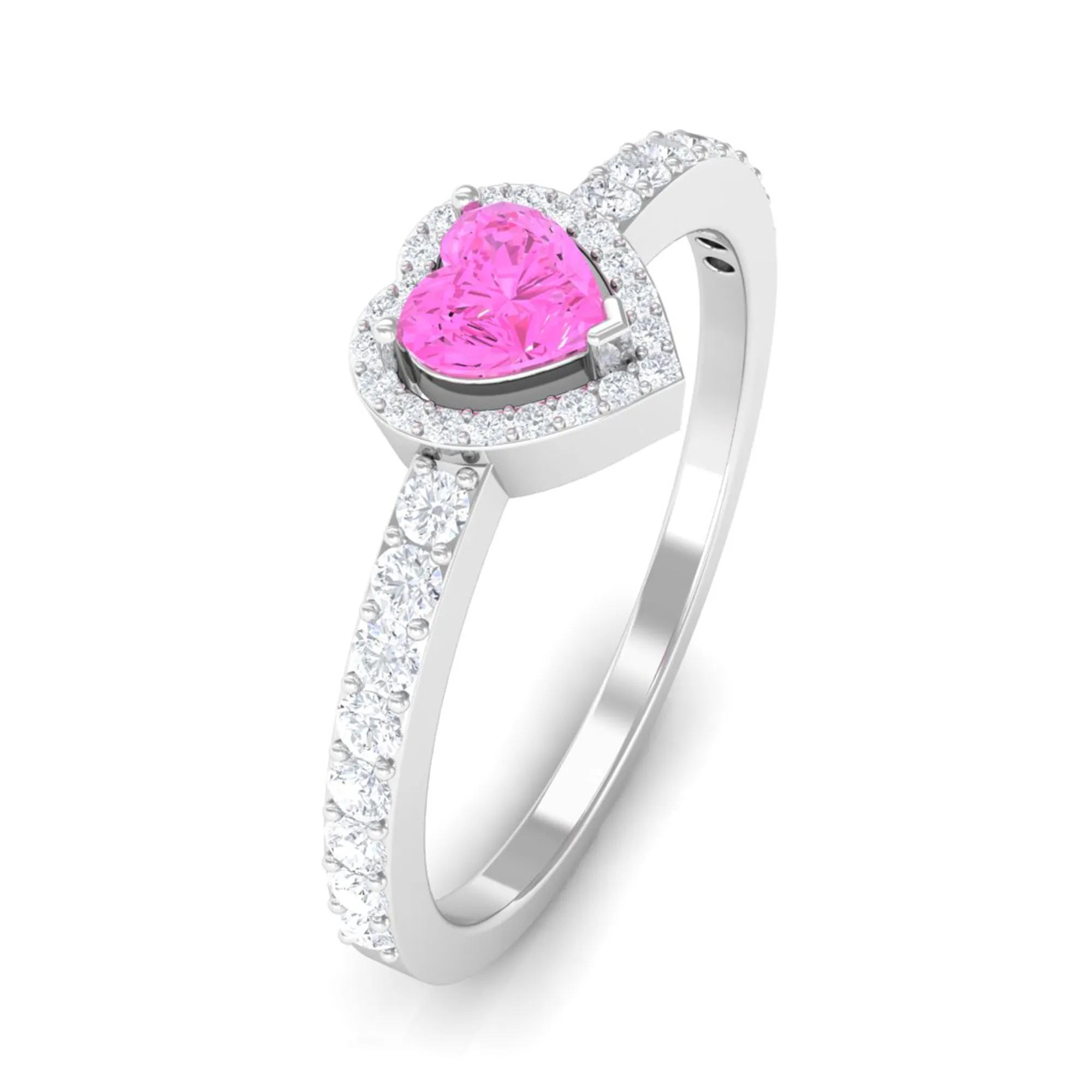 Heart Shape Pink Sapphire Engagement Ring with Diamond Halo