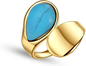Loqimu Titanium Turquoise Rings for Women Teen Girls Adjustable Stacking Rings Aesthetic Jewelry Gold Stainless Steel Water Drop Open Knuckle Finger Rings Statement Engagement Rings