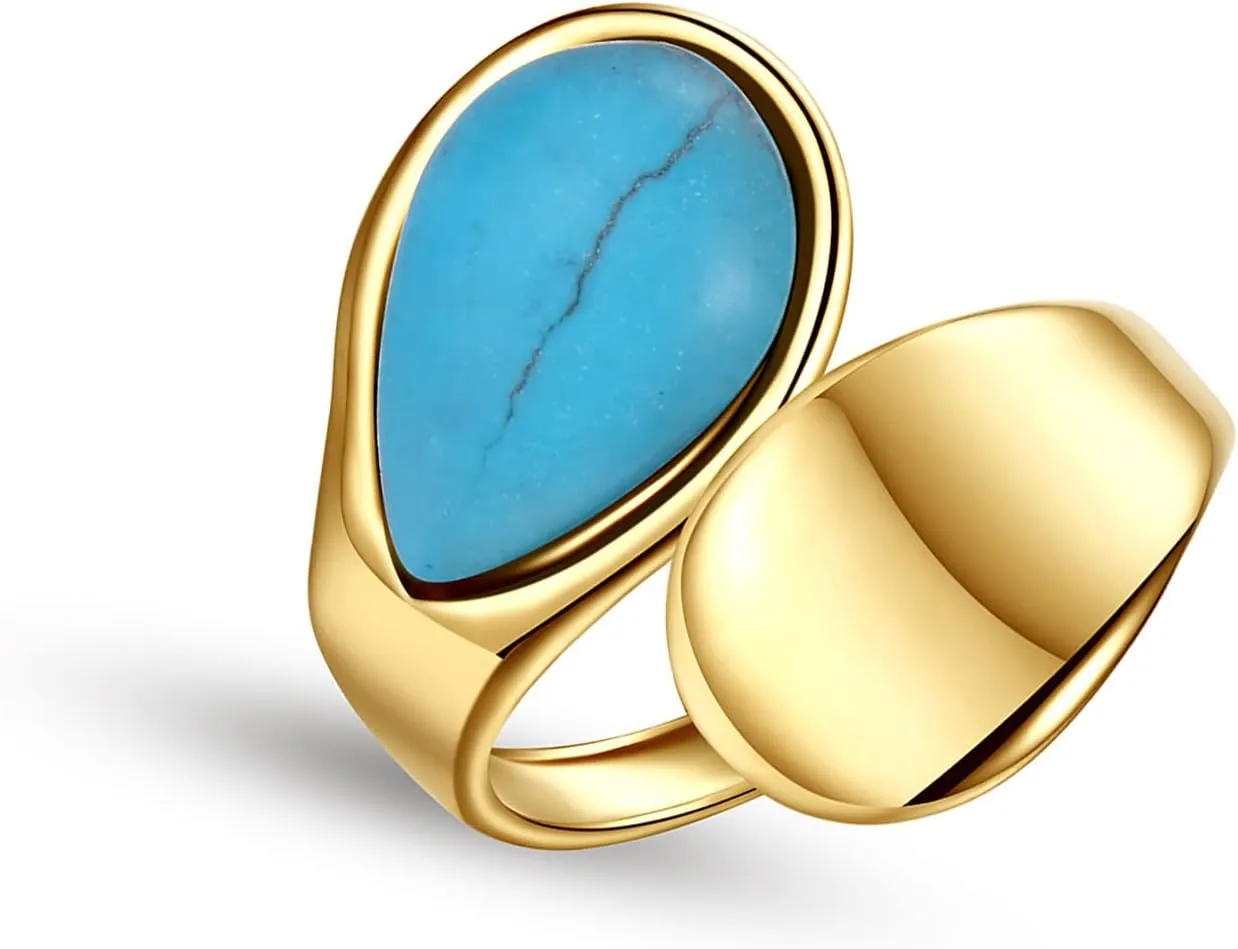 Loqimu Titanium Turquoise Rings for Women Teen Girls Adjustable Stacking Rings Aesthetic Jewelry Gold Stainless Steel Water Drop Open Knuckle Finger Rings Statement Engagement Rings