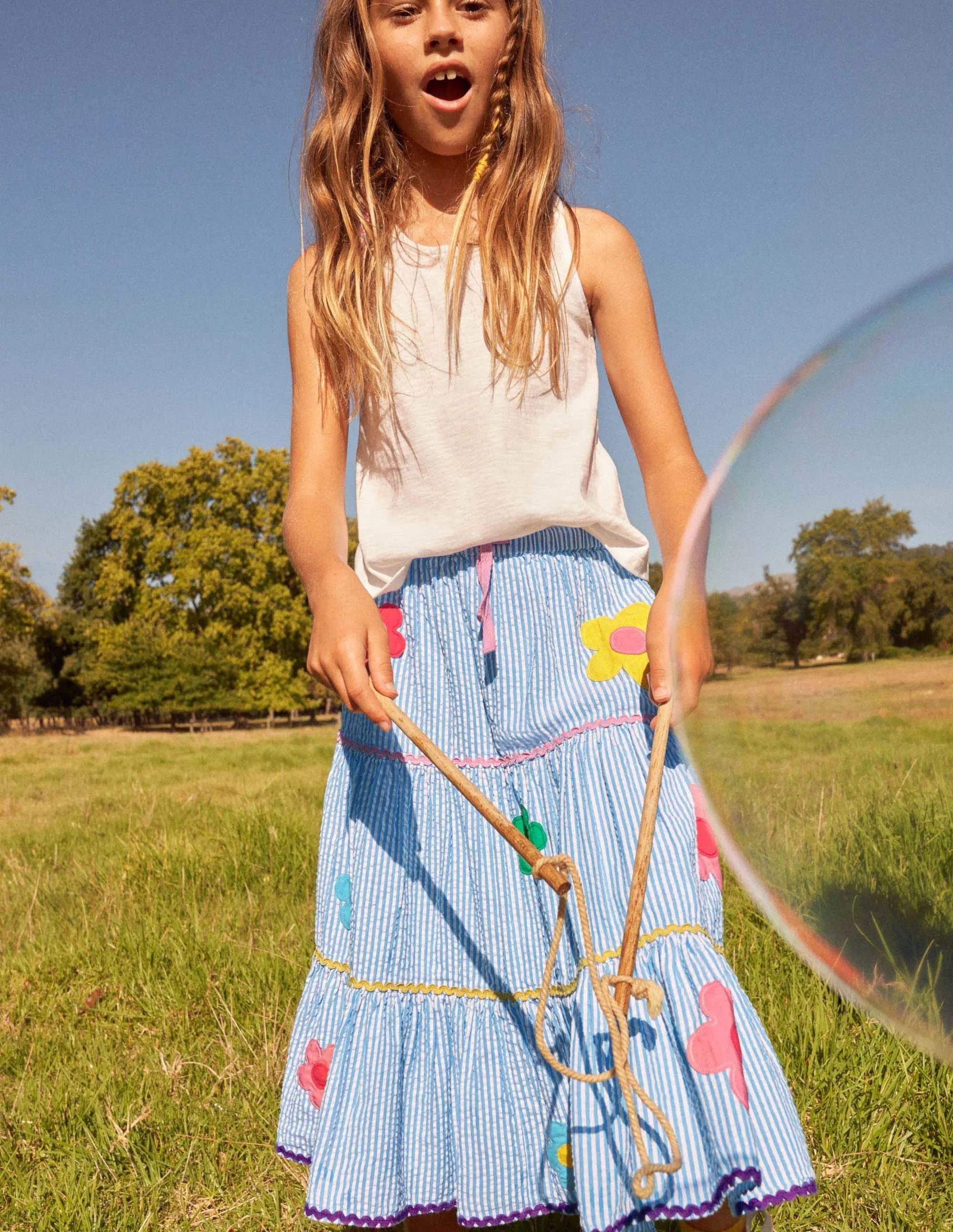 Midi Skirt-Surfboard Blue/Ivory Ticking