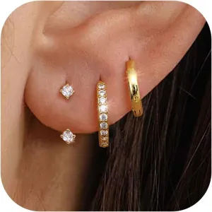 MILACOLATO 3 Pairs 925 Sterling Silver Earrings for Women, Dainty 14K Gold Plated Huggie Hoop Earrings Sets for Multiple Piercing, Hypoallergenic Cartilage Stud Hoop Earrings Stacks Trendy Jewelry Gifts for Women Mother