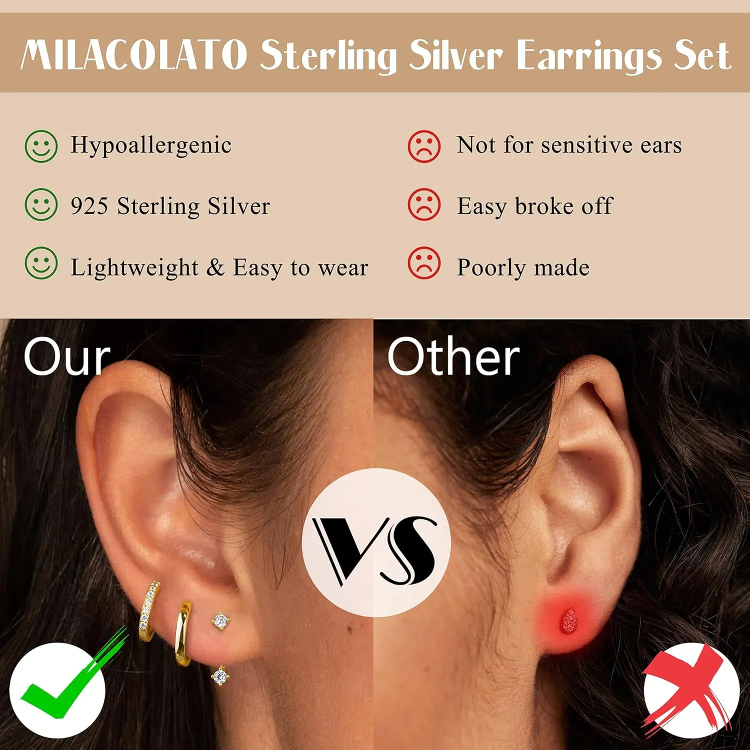 MILACOLATO 3 Pairs 925 Sterling Silver Earrings for Women, Dainty 14K Gold Plated Huggie Hoop Earrings Sets for Multiple Piercing, Hypoallergenic Cartilage Stud Hoop Earrings Stacks Trendy Jewelry Gifts for Women Mother