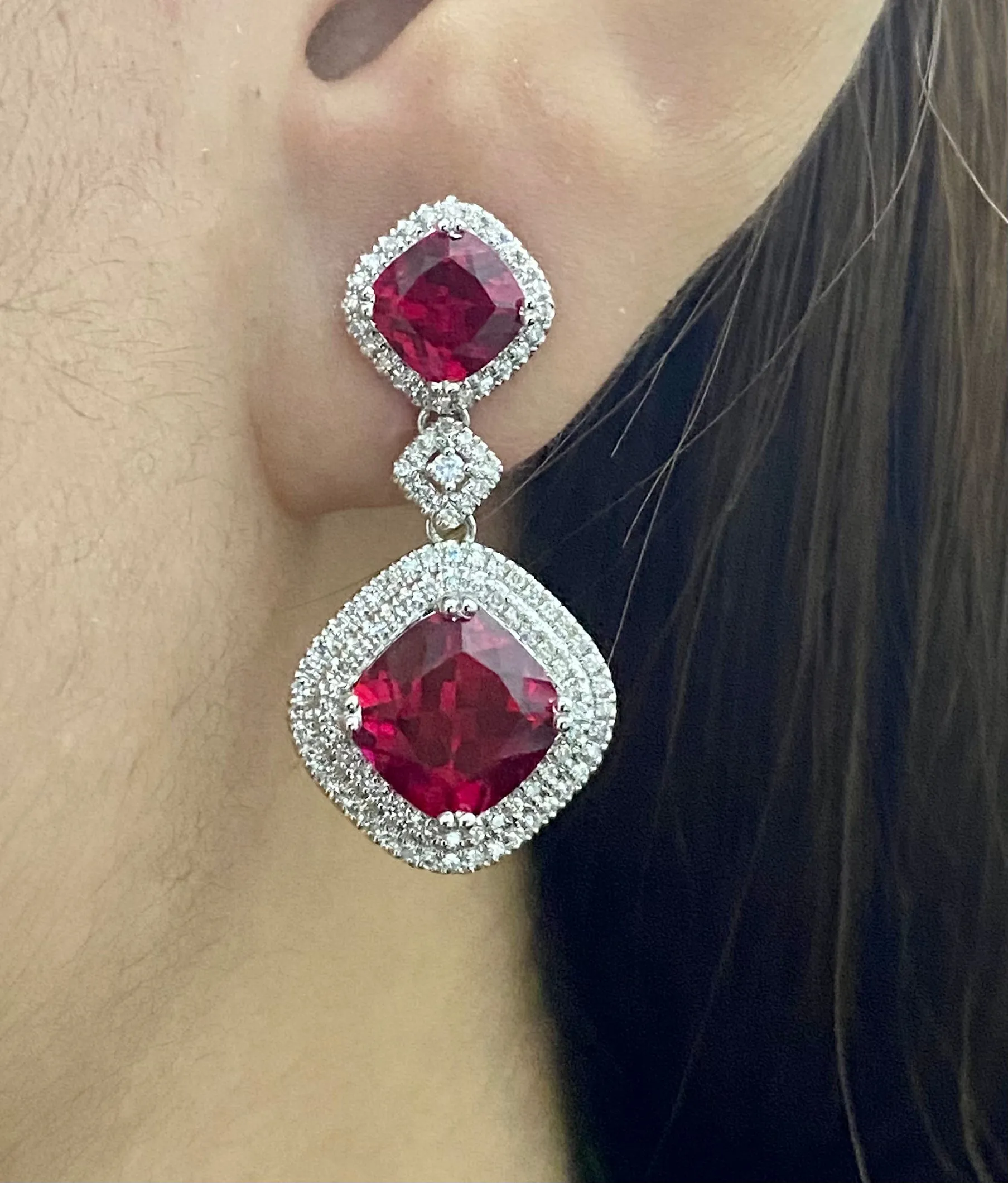 PREORDER | Cushion Red Ruby Dangling Gemstones Diamond Earrings 14kt