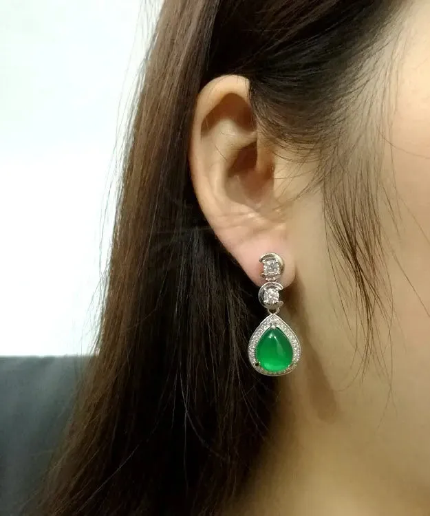 Sterling Silver Inlaid Zircon Chalcedony Water Drop Drop Earrings