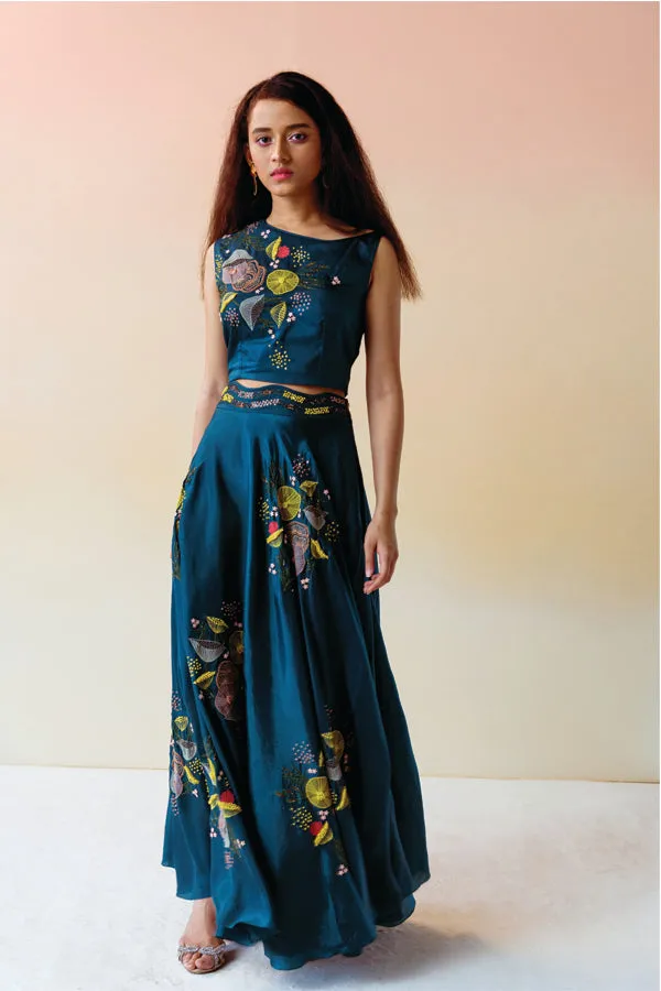 Teal Clustered Top & Skirt Set