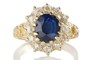 Victorian Unheated Oval Sapphire & Old Mine Cut Diamond Engagement Ring